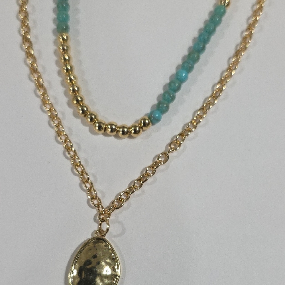 Calvin Klein Gold Plated Layered Necklace w/ Turquoise Beads & Pendant – Jewelry - Picture 5 of 9